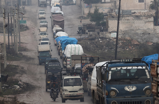 A view of the trucks carrying belongings of displaced Syrians, in northern Idlib, Syria January 30, 2020.
