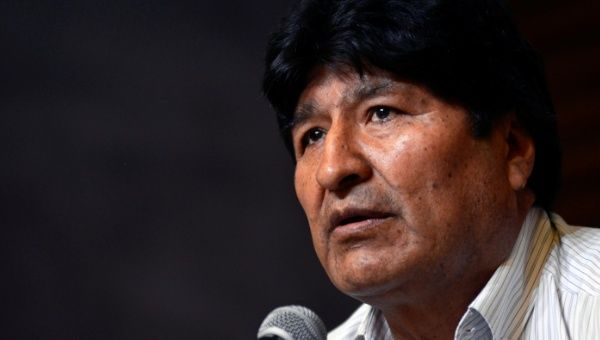 Former Bolivian President Evo Morales speaks to a crowd in La Paz. 