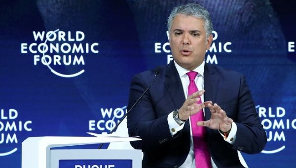 Colombia's President Ivan Duque gestures as he speaks during a session at the 50th World Economic Forum (WEF) annual meeting in Davos, Switzerland, January 22, 2020.