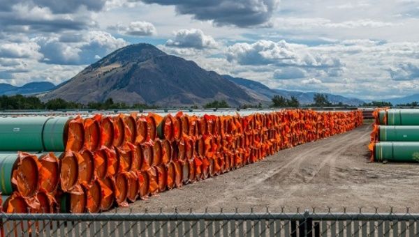 Steel pipe for Canadian government’s Trans Mountain Expansion Project lies at a stockpile site in Kamloops.