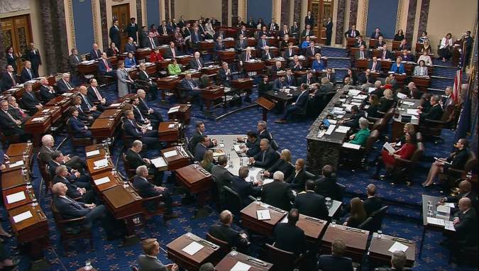 U.S. senators cast their votes on the first article of impeachment abuse of power during the final votes in the Senate impeachment trial of U.S. President Donald Trump in this frame grab from video shot in the Senate Chamber at the U.S. Capitol in Washington, U.S., February 5, 2020. U.S. Senate
