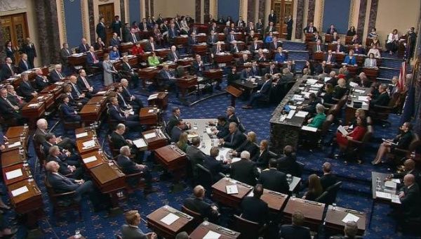 U.S. senators cast their votes on the first article of impeachment abuse of power during the final votes in the Senate impeachment trial of U.S. President Donald Trump in this frame grab from video shot in the Senate Chamber at the U.S. Capitol in Washington, U.S., February 5, 2020. U.S. Senate