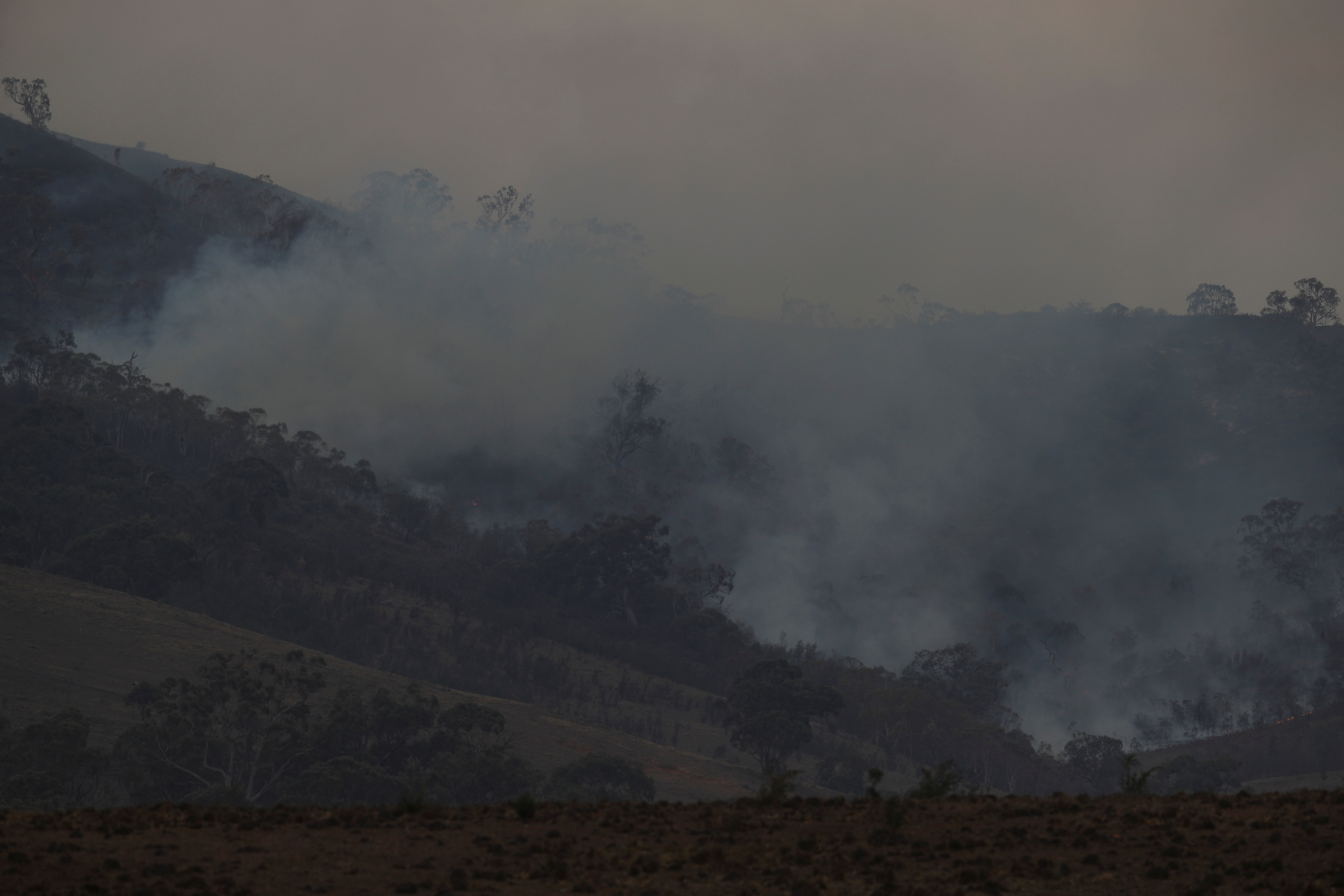 Smoke rises from the smouldering remnants of a bushfire near Bumbalong, New South Wales, Australia, February 2, 2020.
