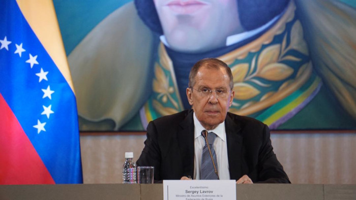 Russian Foreign Minister Sergei Lavrov delivers a statement during his official visit to Caracas, Venezuela.
