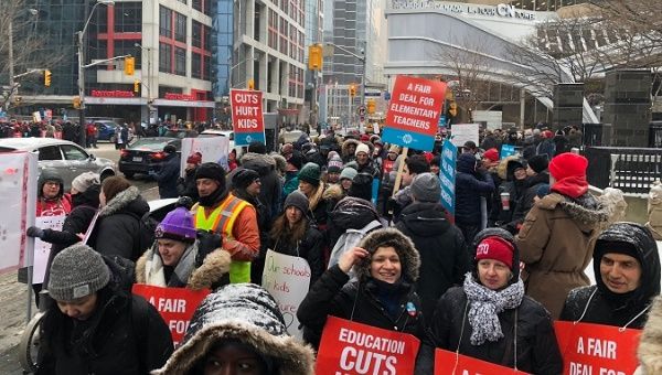 Elementary teachers striking in front of the Ministry of Education, Toronto, Canada, Feb. 7. 2020.