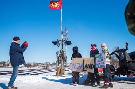 First Nations members of the Tyendinaga Mohawk Territory protest against BC's Coastal GasLink pipeline.