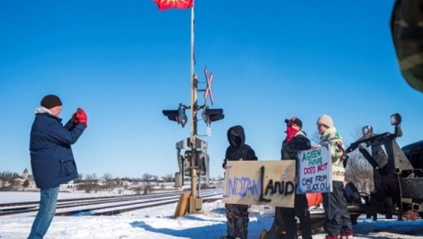 First Nations members of the Tyendinaga Mohawk Territory protest against BC's Coastal GasLink pipeline.