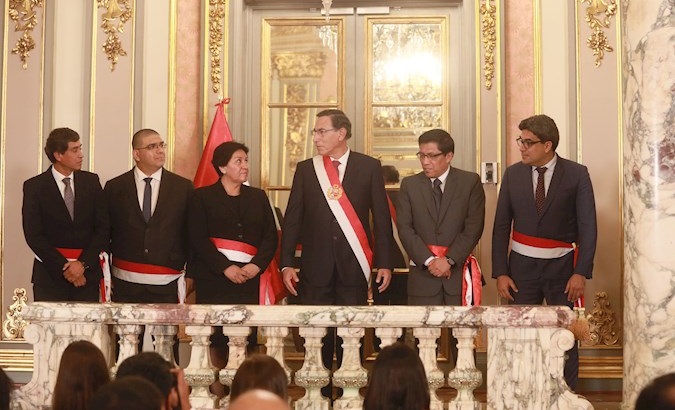 President Martin Vizcarra (C) and the new members of his cabinet, Lima, Peru, Feb. 13.