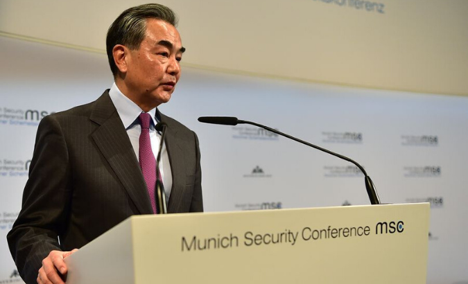 Chinese State Councilor and Foreign Minister Wang Yi makes a speech at the Munich Security Conference (MSC) in Munich, Germany, on Feb. 15, 2020.