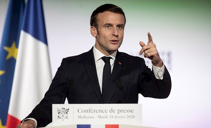 President Emmanuel Macron delivers a speech in Mulhouse, France, Feb. 18 2020.