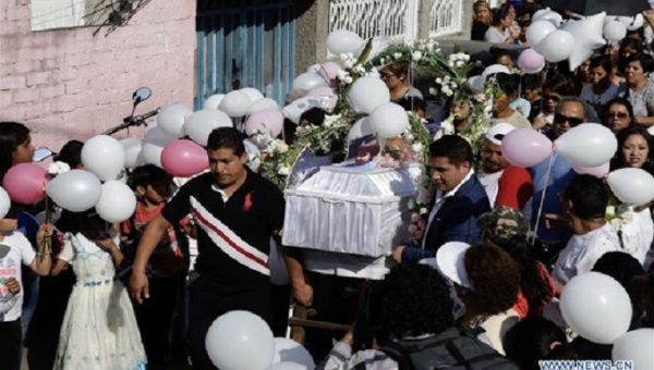 Relatives and neighbors attend the funeral of the girl Fatima, victim of femicide