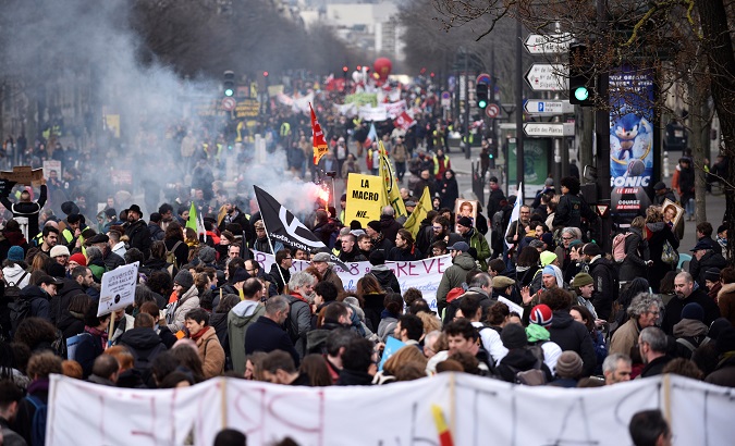 Protesters participate in a demonstration against pension reforms from Montparnasse Square in Paris, France, 20 February 2020.