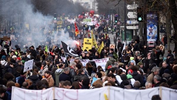 Protesters participate in a demonstration against pension reforms from Montparnasse Square in Paris, France, 20 February 2020. 