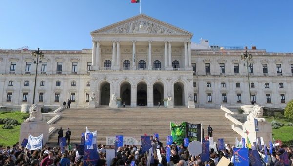 Fundamentalist religious groups protest outside Parliament, Lisbon, Portugal, Feb. 20. 2020.