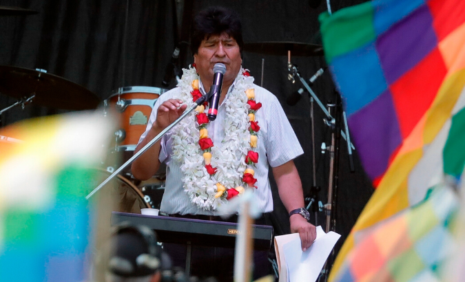 Former President of Bolivia, Evo Morales speaks to thousands of people during the celebrations of the Plurinational Day of Bolivia on Jan.22, 2020.
