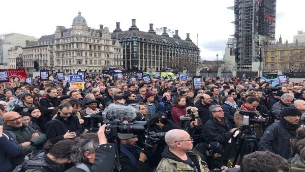 Thousands of protesters show their support to Assange in London, February 23th, 2020.