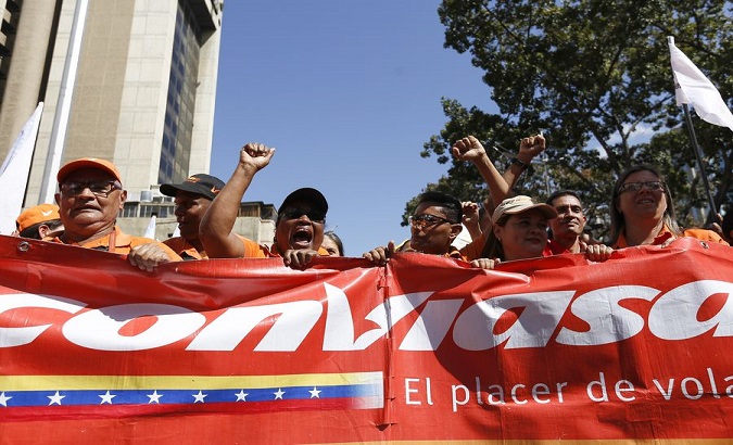 Demonstration in favour of the state airline Conviasa, in Caracas, Venezuela, on 10 February 2020.