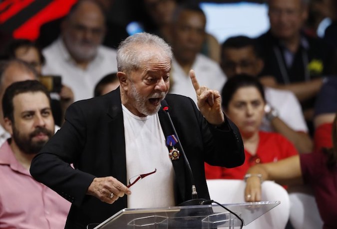Former Brazilian President Luiz Inacio Lula da Silva speaks during the Workers' Party 7th Congress, in Sao Paulo, Brazil, Friday, Nov. 22, 2019.