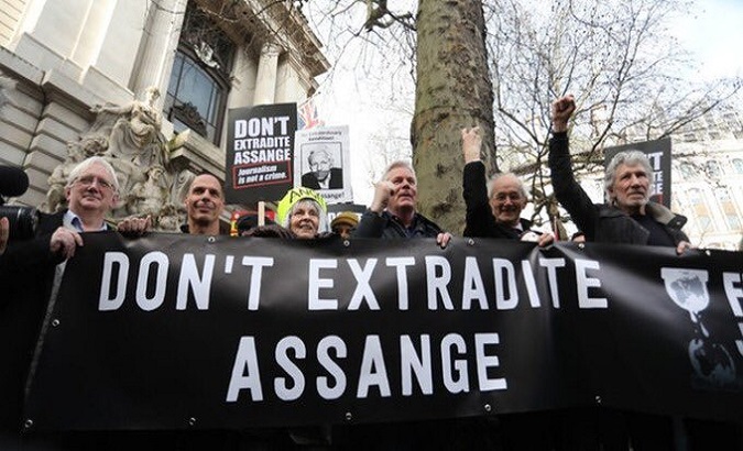 Singer Roger Waters joins the 'Don't Extradite Julian Assange' protest in Parliament Square in London, U.K. February 22th, 2020.