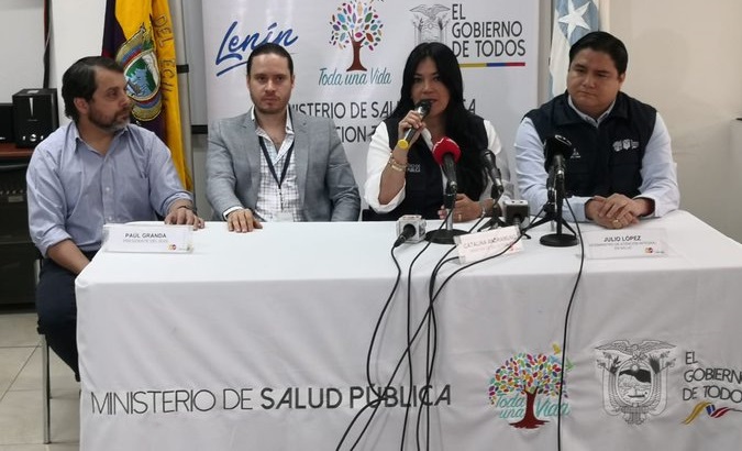 Health Minister Carolina Andramuño at a press conference, Guayaquil, Ecuador, Feb. 29, 2020.