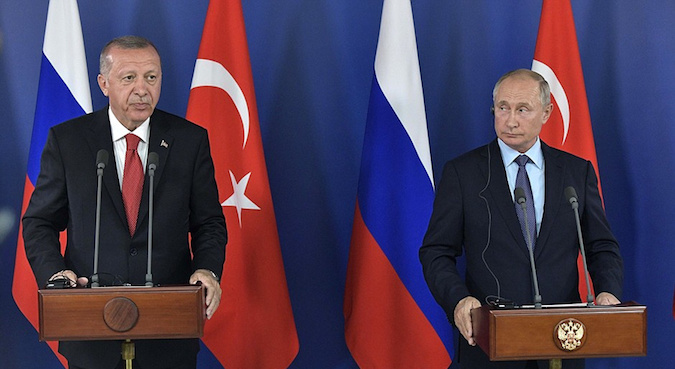 Russian President Vladimir Putin and his Turkish counterpart Recep Tayyip Erdogan attend a joint press conference following their talks in Zhukovsky, Moscow Region, Aug. 27, 2019.