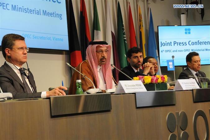 Russian Energy Minister Alexander Novak, Saudi Energy Minister Khalid Al-Falih, Minister of Energy and Industry in United Arab Emirates Suhail Al-Mazrouei and OPEC Secretary-General Mohammed Barkindo (L-R) attend a press conference after a OPEC and non-OPEC oil producers meeting in Vienna, Austria, June 23, 2018.