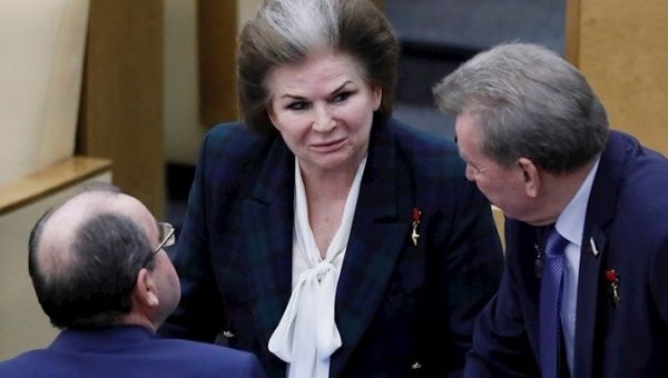 Valentina Tereshkova, the first woman to fly into space, at a plenary session of the Duma, Moscow, Russia, March 10, 2020.