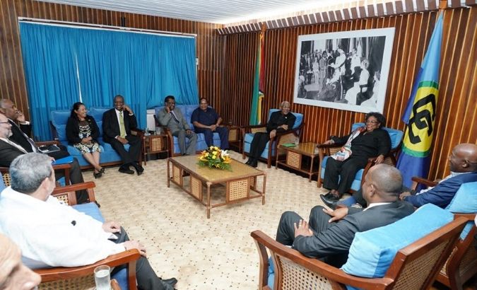 The delegation of heads from Barbados, Dominica, Grenada, St. Vincent, and the Grenadines, and Trinidad and Tobago met with President Granger and opposition leaders.