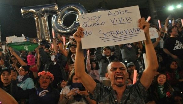 Young actor protests in Santiago de Chile over low wages, Chile, March, 2020.