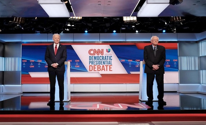 Former Vice President Joe Biden and Vermont Senator Bernie Sanders during a democratic election debate on March, 2020.