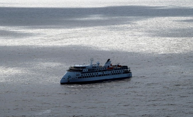 Aerial view of the Australian cruise ship Greg Mortimer, anchored in front of the port of Montevideo with more than one hundred people with the COVID-19, April, 2020.