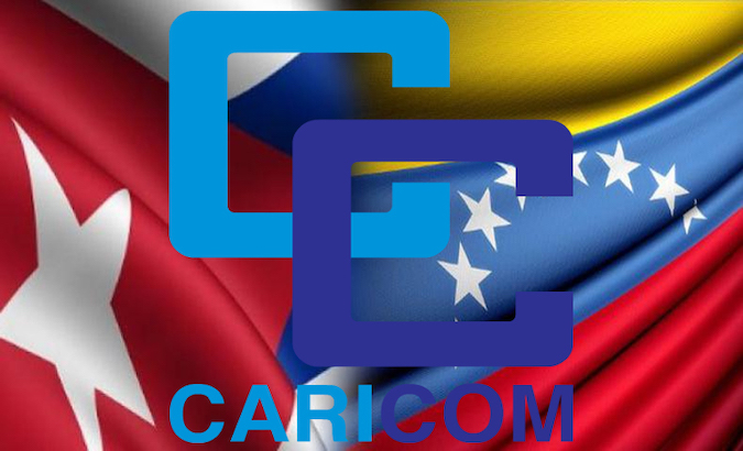 Flags of Cuba and Venezuela together with the logo of Caricom.