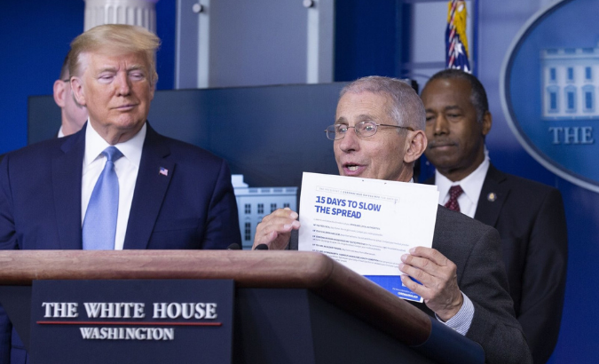Director of the National Institute of Allergy and Infectious Diseases at the National Institutes of Health Dr. Anthony Fauci, joined by the U.S. President Donald Trump and members of the Coronavirus Task Force, makes remarks on the Coronavirus crisis in the Brady Press Briefing Room of the White House, on March 21, 2020.