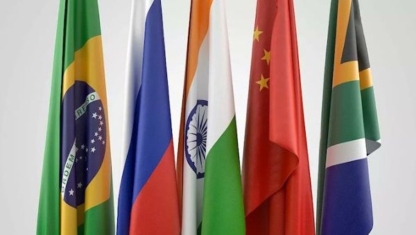 Flags of Brazil, Russia, India, China and South Africa, member countries of the BRICS.