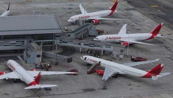 Avianca aircrafts in El Dorado de Bogota airport, Colombia. April 2020