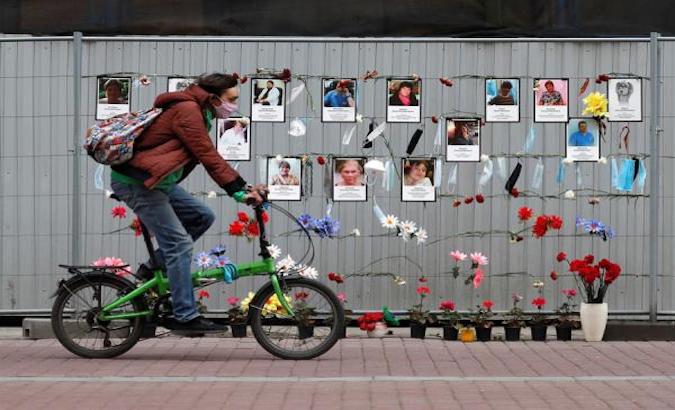 Makeshift memorial to medical workers who have died from COVID-19, in front of the local health department in central St. Petersburg, Russia, May 11, 2020.