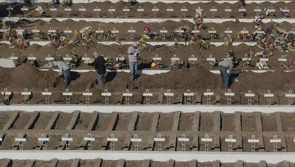 Aerial views of gravediggers digging tombs amid the coronavirus pandemic, Santiago, Chile, May 14, 2020.