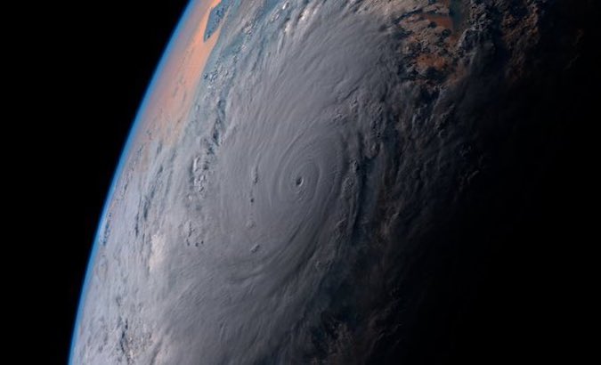 View from the space of the powerful Cyclone Amphan at dusk. India, May, 2020.
