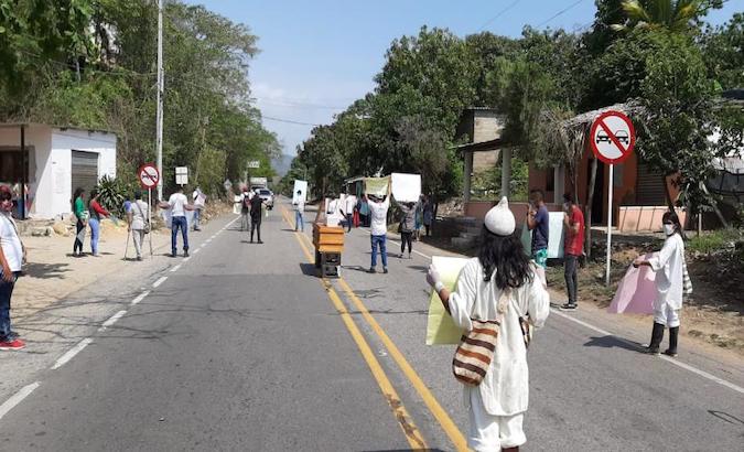 Forty-eight social leaders protest in the Sierra Nevada sector,Santa Marta district, Colombia. May 20, 2020.