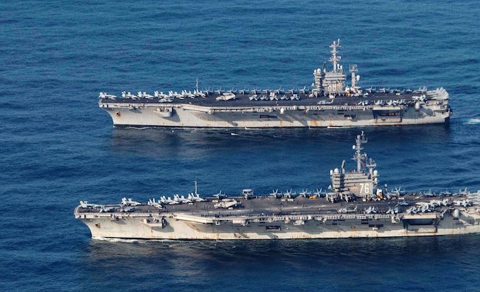 U.S. Navy aircraft carriers sail to the South China Sea, July 4, 2020.