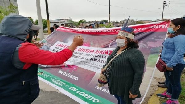Indigenous people protest for medical care on COVID-19. Loreto, Peru. Loreto, Peru. July 13, 2020.