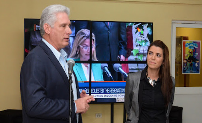 President Miguel Diaz-Canel (L) and TeleSUR president Patricia Villegas (R) during the inauguration of the channel's offices in Havana, Cuba, January 27, 2020.