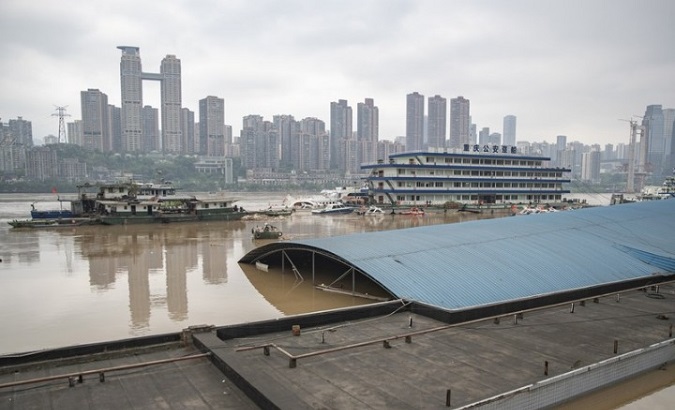 A market partially submerged by flooding water, Chongqing Municipality, China, August 18, 2020.