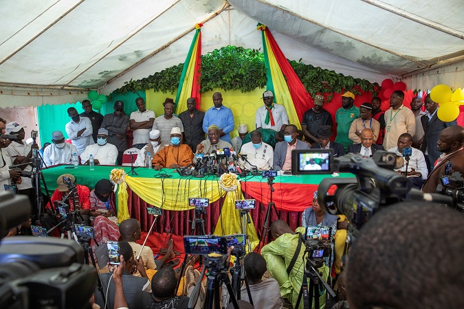 Members of the opposition M5-RFP group hold a press conference in Bamako, Mali, 20 August 2020