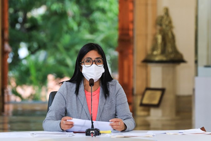 Venezuelan Vicepresident Delcy Rodriguez offers a press conference on COVID-19 from Miraflores Palace in Caracas, Venezuela. August 31, 2020.