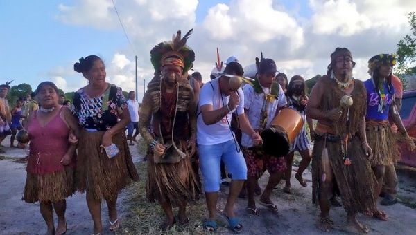 Pataxo people dancing and celebrating the TSE decision in their territory in Eunapolis, Bahia,Brazil. September 3, 2020. 