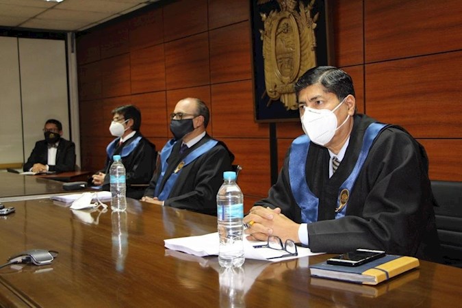 Judge (L to R) Milton Ávila, Javier de la Cadena y José Leyera on Monday after resuming the appeals hearing for the Bribery 2012-2016 case in Quito, Ecuador. September 7, 2020.