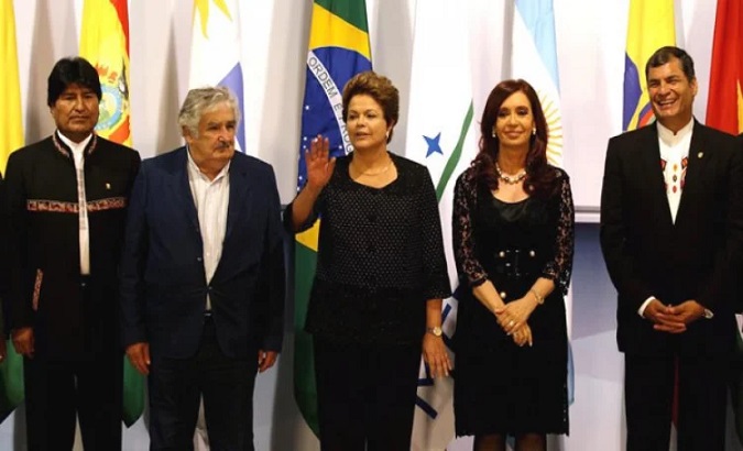 Former presidents Evo Morales, Jose Mujica, Dilma Rousseff, Cristina Fernandez, and Rafael Correa.
