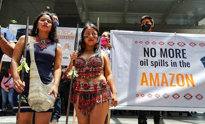 Indigenous people protested outside the Judicial Council in Quito, Ecuador, Sept. 29, 2020.
