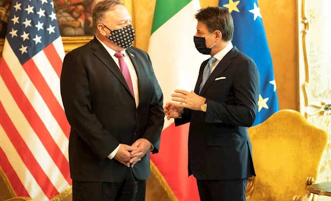 U.S. Secretary of State Mike Pompeo and Italian Premier Giuseppe Conte (R) at Chigi Palace, Rome, Italy, Sept.30, 2020.